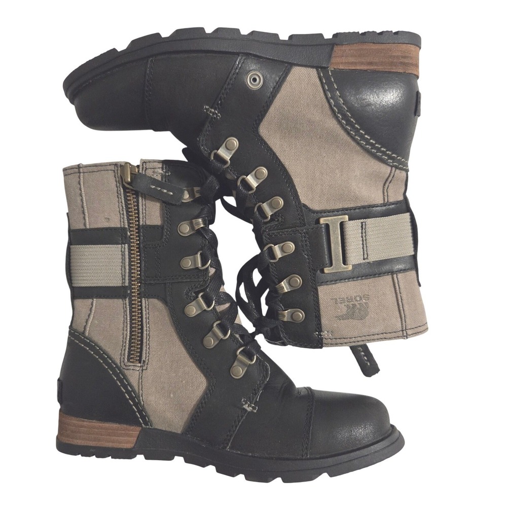Sorel Major Carly Black Canvas Leather Combat Boots NL2157-252 Womens 5.5